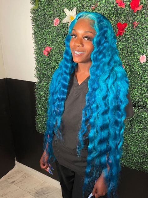 Blue Ombre Lace Front Wig, Blue Deep Wave Wig, Color Deep Wave Wig, Lace Wig Hairstyles, Blue Lace Wig, Vacay Hairstyles, Blueberry Hair, Hair Websites, Wig Installs