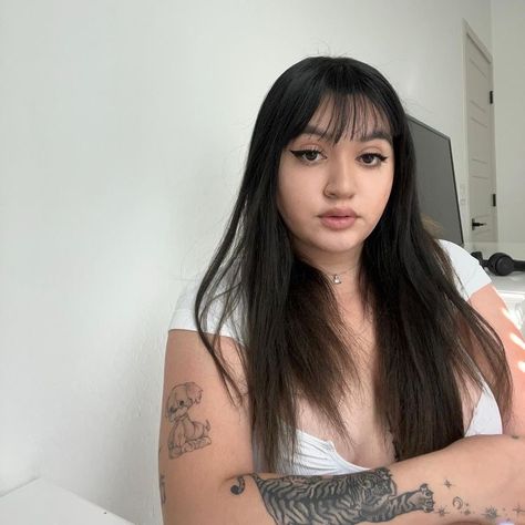 tattoo tattoos traditional tattoos tiger inspo fine line sparkles bangs latina white shirt long hair big lips joyce manor indie Traditional Tattoos Tiger, Bangs Latina, Joyce Manor, Tattoos Tiger, Tattoos Traditional, Traditional Tattoos, Fine Line, Traditional Tattoo, White Shirt