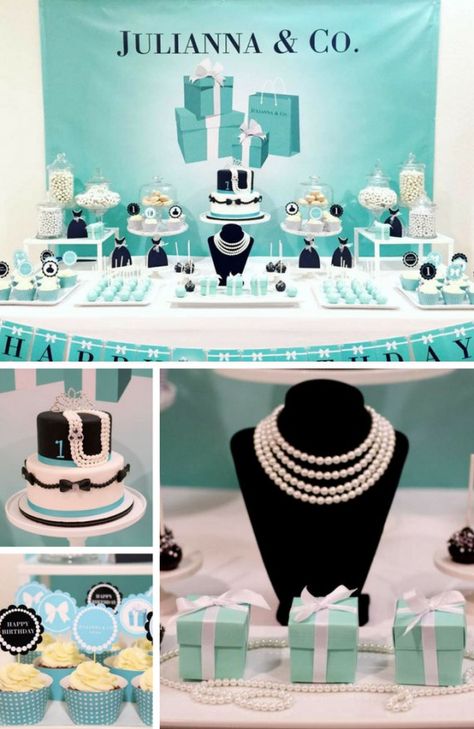 Tiffany Themed Party Inspiration - Birthday Party Ideas & Themes Tiffany Backdrop, Tiffany And Co Party Decorations, Tiffany And Co Party, Tiffany Co Party Ideas, Birthday Party Ideas Themes, Tiffany Baby Shower Theme, Tiffany Theme Party, Tiffany Blue Party, Breakfast At Tiffanys Party Ideas