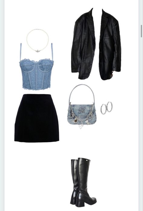 Fashion Magazine Aesthetic, Blue And Black Outfit, Black Boots Fashion, Magazine Aesthetic, Corset Top Black, Mini Skirt Blue, 2000s Cartoons, Kpop Concert Outfit, Black Leather Blazer