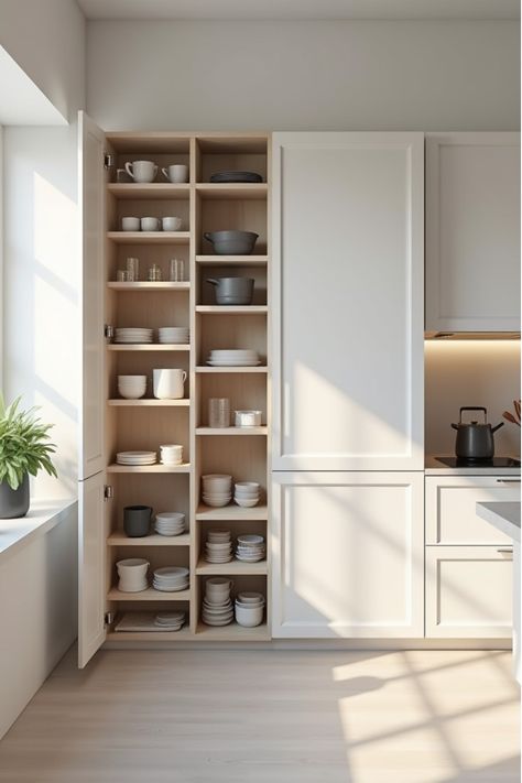 Kitchen with innovative hidden storage solutions Kitchens Without Upper Cabinets, Kitchen Sanctuary, Clutter Free Kitchen, Minimalist Kitchen Design, Kitchen Board, Simple Kitchen, Upper Cabinets, Minimal Decor, Storage Hacks