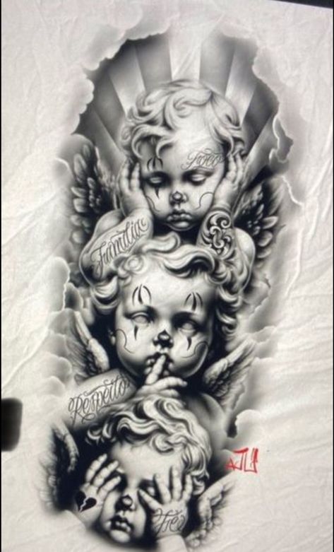 Black And White Tattoos For Men, Chicano Angel Tattoo, Drawing Ideas Chicano, Angle Tattoo, Tattoos Cool, Half Sleeve Tattoos Sketches, Baby Angel Tattoo, Cherub Tattoo, Mexican Art Tattoos