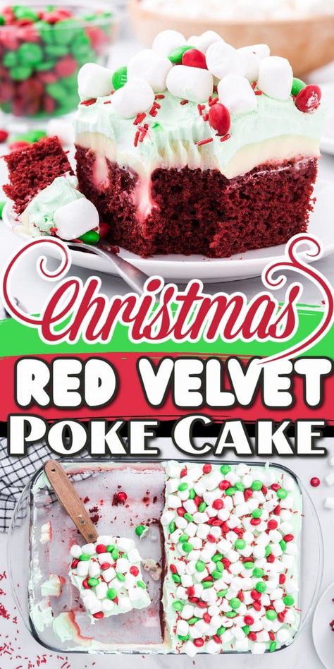 Christmas Poke Cake Holidays, Desserts With Red Velvet Cake Mix Boxes, Xmas Poke Cake, Poke Cake Christmas, Cakes For Christmas Easy, Holiday Poke Cake Recipes, Christmas Desserts 9x13 Pan, Christmas Ice Box Cake, Christmas Red Velvet Poke Cake Recipe