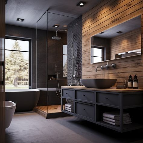 #bathroomtrends2024 #bathroomdesign #paintcolors #homedecor #interiordesign #bathroommakeover #trendycolors #bathroomstyle #modernbathroom Dark Rustic Bathroom, Wood And Black Bathroom, Black And Wood Bathroom, Modern Black Bathroom, Dark Bathroom Ideas, Modern Wooden House, Bathroom Design Styles, Bathroom Design Black, Organization Bathroom