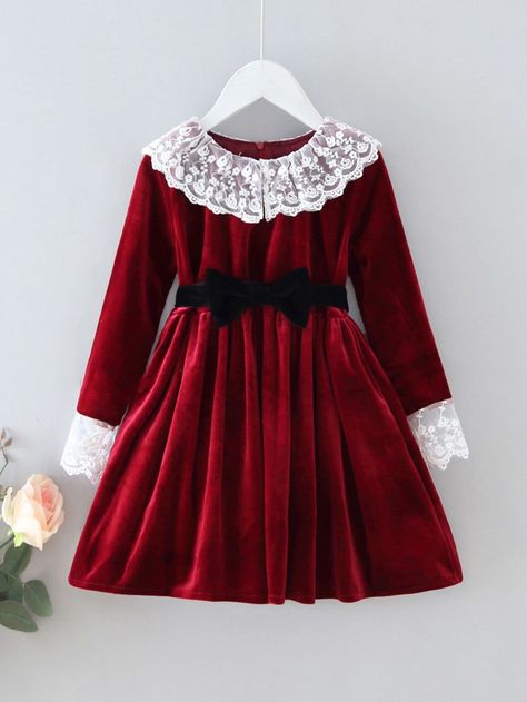 Free Shipping On Orders $50+ ✓. Toddler Girls Contrast Lace Bow Front Belted Velvet Dress- Toddler Girl Dresses at SHEIN. Velvet Dress Designs For Kids, Girls Velvet Dress, Velvet Dress Designs, Roxy Dress, Kids Frocks Design, Kids Dress Patterns, Kids Dress Wear