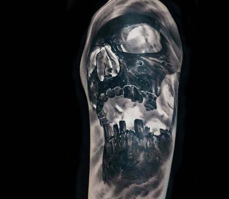 Negative skull tattoo by Eliot Kohek Negative Skull Tattoo, Eliot Kohek, Stomach Tats, Negative Tattoo, Justice Tattoo, Horror Tattoos, Avengers Tattoo, Hummingbirds Photography, Skull Reference