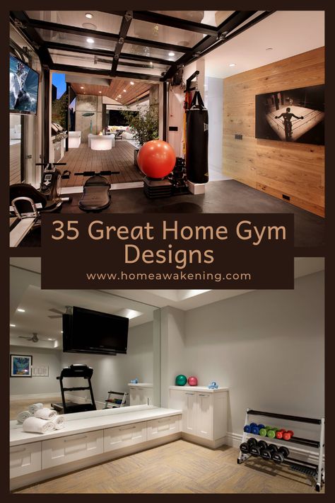 See 35 amazing home gyms (photo gallery) #homegym #homedesign Living Room Gym Combo, Small Gym Room, Workout Room Design, Home Gym Room, Workout Room Flooring, Living Room Gym, Home Gym Layout, Home Gym Ideas Small, Home Gym Basement