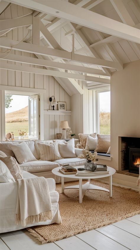 20 Cottage Living Room Ideas: Cozy, Rustic, Coastal, and French Country Decor Inspiration Living Room Ideas Cozy Rustic, Cute Cottage Interior, Cottage Interiors Living Rooms, White Cottage Interiors, Cottage Living Room Decor, Cottage Living Room Ideas, Cushion Detail, Cozy Coastal Cottage, Cozy Cottage Living Room