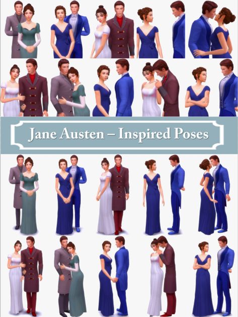 Jane Austen Inspired Poses : | Atashi77 on Patreon S4cc Poses, Royal Poses, Christian Engagement, Sims 4 Couple Poses, Sims Poses, Sims 4 Decades Challenge, Jane Austen Inspired, 4 Poses, Family Portrait Poses