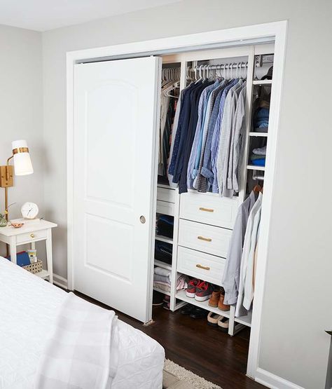 Bypass Closet Organization, Small Sliding Door Closet Organization, Closet Organization Ideas Sliding Door, Doorless Closet Ideas, Sliding Door Closet Organization Ideas, Open Concept Closet, Slide Cabinet, Bedroom Slide, Open Closets