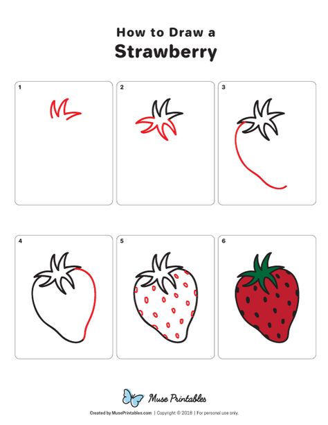 Learn how to draw a strawberry step by step. A free printable download of this tutorial is available at https://museprintables.com/download/how-to-draw/how-to-draw-a-strawberry/ Easy To Draw Strawberry, Strawberry Tutorial Drawing, How To Draw A Strawberry Step By Step, How To Paint A Strawberry, How To Draw Strawberries, How To Paint Strawberries, How To Draw Fruit Step By Step, How To Draw A Strawberry, How To Draw Strawberry