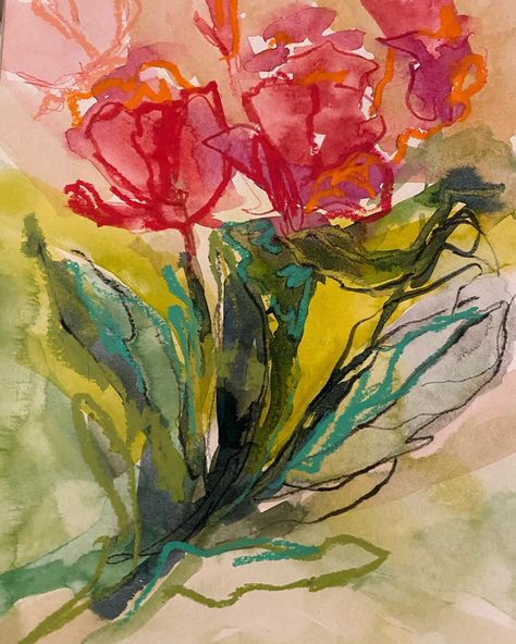 Day 10/100 #meltingpotflorals Inspired by the small studies I’ve been working on at night, swipe to see. I wanted these to be energetic, layers of color with mark making on top. Used W&N watercolor, inktense pencils and oil pastels. Oil Pastel And Watercolor, Tulip Watercolor, Inktense Pencils, Watercolor Tulips, Small Study, Oil Pastels, Watercolor Canvas, Watercolor Sketch, Landscape Artist