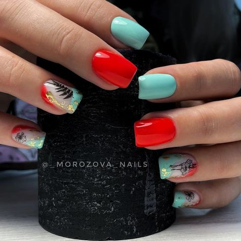 Peach And Blue Nails With Designs, Red And Teal Nail Designs, Coral And Blue Nails Summer, Teal And Red Nails, Turquoise And Red Nails, Red And Turquoise Nails, June Nails Ideas 2023, Turquoise And Coral Nails, Blue And Coral Nails