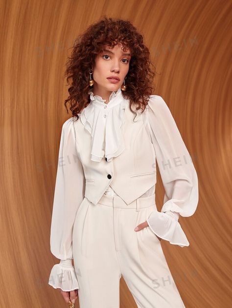 Vest With Puffy Sleeves, Victorian Pirate, Jabot Collar, Corporate Goth, Ladies Suits, White Outfit, Flounce Sleeve, Work Wear Women, Women Blouses