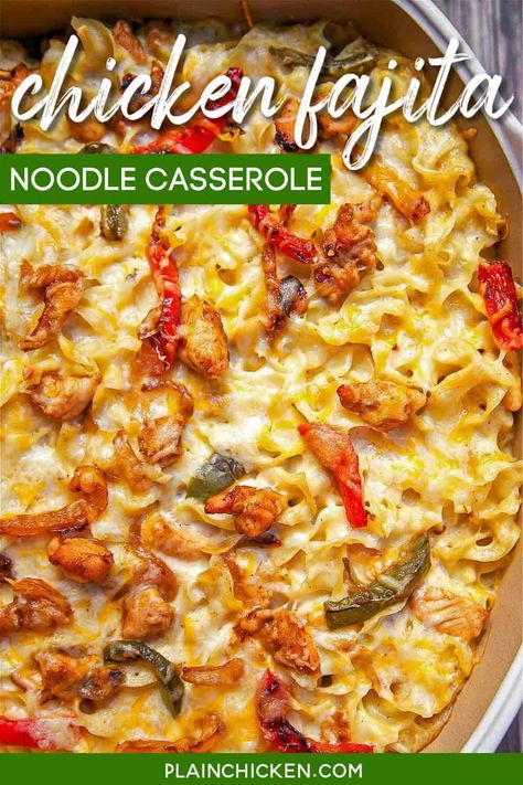 Chicken Fajita Noodle Casserole - chicken, fajita seasoning, bell peppers, onions, noodles, sour cream, cream of chicken soup and cheese. Seriously delicious! Can make ahead of time and refrigerate or freeze for later. Makes a lot - can split between 2 pans and freeze one for later. Everyone loves this casserole! #casserole #mexican #chicken #freezermeal Chicken Fajita Seasoning, Casserole Mexican, Fajita Casserole, Chicken Fajita Casserole, Casserole Chicken, Chicken Noodle Casserole, Plain Chicken, Chicken Fajita, Noodle Casserole