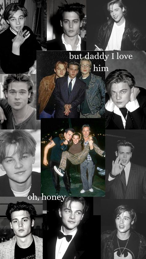 Johnny Depp Young Pics, 90s Actors Aesthetic, Interesting People To Draw, Brad Pitt Johnny Depp, Young Brad Pitt, Leonardo Dicaprio Brad Pitt, Johnny Depp Leonardo Dicaprio, 90s Johnny Depp, Black And White Collage