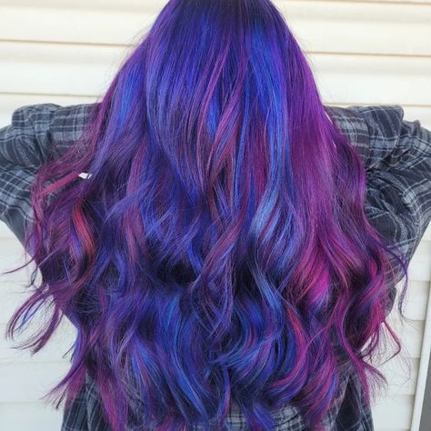 Splat Purple Hair Dye, Pink Blue And Purple Hair, Pink Purple And Blue Hair, Pink Purple Blue Hair, Blue Hair Streaks, Fuschia Hair, Purple And Blue Hair, Purple Hair Streaks, Vibrant Hair Color