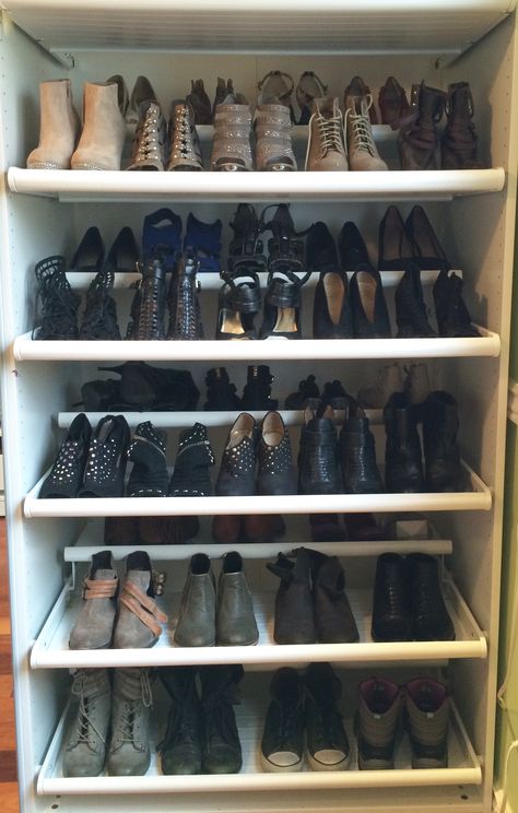 ikea pax wardrobe shoe closet by laura cattano. Closet Ikea Pax, Ikea Shoe Rack, Small Closet Hacks, Ikea Bedroom Storage, Deep Closet, Ikea Pax Closet, Closet Ikea, Bedroom Closet Doors, Ikea Shoe