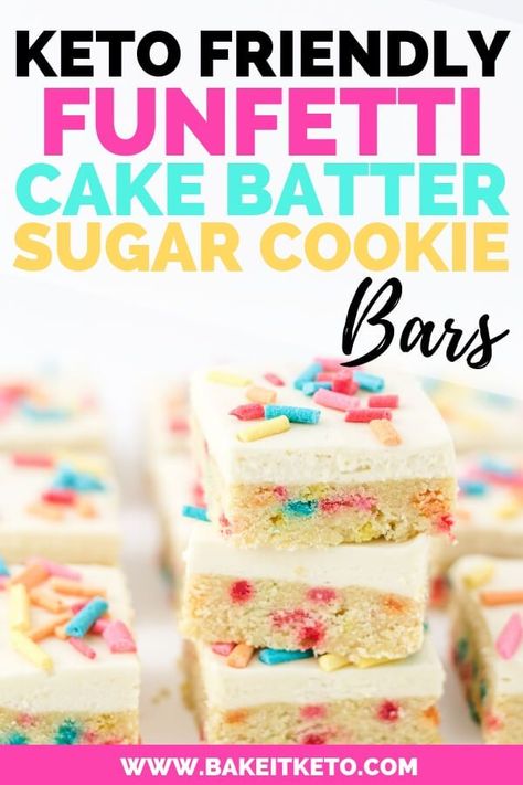 Super easy low carb keto cookies made with coconut flour! This sugar cookie bar recipe is the perfect keto birthday cake alternative if you're baking for a friend, coworker, or yourself! What could be better than low carb, gluten free keto funfetti cake batter?! #ketocookies #ketodessert #funfetti #ketotreats Birthday Cake Healthy, Carnivore Dessert, Sugar Cookie Bar, Keto Birthday, Sugar Cookie Bar Recipe, Birthday Cake Alternatives, Sugar Free Frosting, Galletas Keto, Keto Birthday Cake