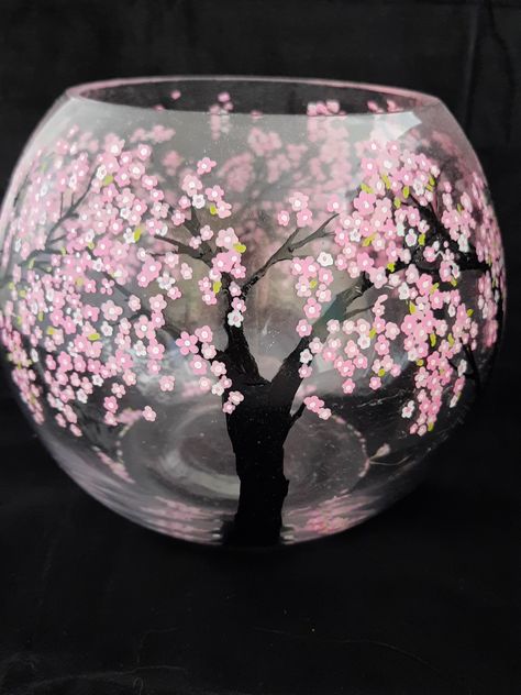 Hand painted cherry blossom glass bowl. Cherry Bowl Painting, Cricut Cherry Blossoms Mug, Cherry Blossom Wine Glass Painting, Cherry Blossom Ceramic Painting, Japanese Cherry Blossom Candle, Stash Jar, Painted Teapot, Painted Ceramics, Stash Jars