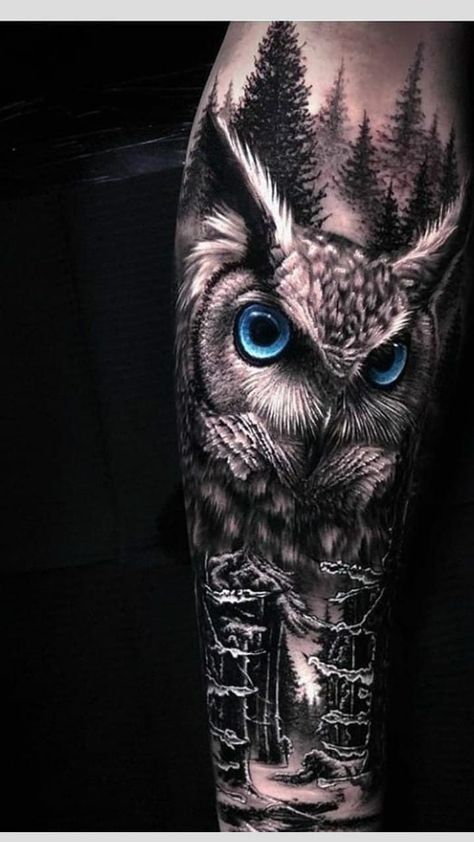 Owl Forearm Tattoo, Owl Eye Tattoo, Realistic Owl Tattoo, Owl Tattoo Sleeve, Owl Tattoo Drawings, Animal Sleeve Tattoo, Tier Tattoo, Nature Tattoo Sleeve, Wolf Tattoo Sleeve