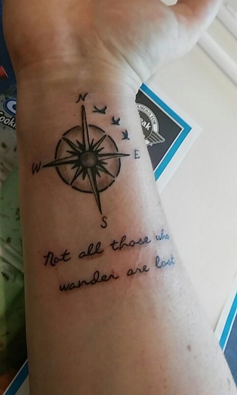 Birthday Tattoo yester day. #tattoo #notallthosewhowanderarelost #birthdaytat #wristtattoo #meaningful #compass #birds #quote Compass Tattoo With Words, Compass Tattoo With Date Of Birth, Compass Family Tattoo Ideas, Bird Compass Tattoo, Compass Tattoo With Quote, Moral Compass Tattoo, Not All Those Who Wander Are Lost Tattoo, Small Compass Tattoo, Chest Neck Tattoo