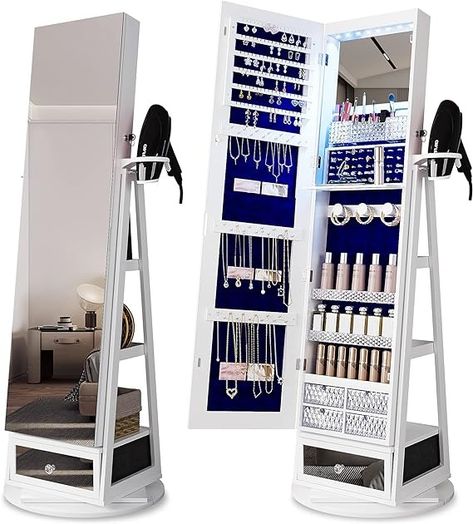 Amazon.com: HNEBC 360° Rotating Jewelry Cabinet with Lights, 63"H Standing Jewelry Armoire Organizer with Mirror, Full Length Mirror with Jewelry Storage, Lockable Lagre Jewelry Organizer Stand for Wonen (White) : Clothing, Shoes & Jewelry Mirror With Jewelry Storage, Mirror Full Length, Mirror Jewelry Storage, Jewelry Organizer Stand, Standing Jewelry Armoire, Mirror Jewellery Cabinet, Large Jewelry Box, White Clothing, Jewelry Cabinet