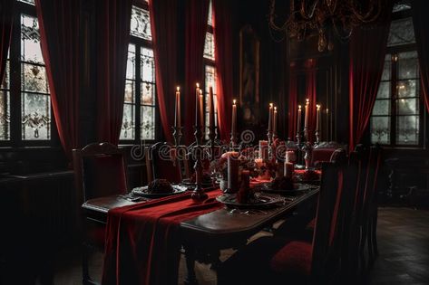 A dining room with a long table and red curtains. AI generative image. royalty free stock photo Mansion Illustration, Orange Dining Room, Vampire Mansion, Gothic Vampire, Elegant Dining Room, Dining Hall, Red Curtains, Long Table, Stock Illustration