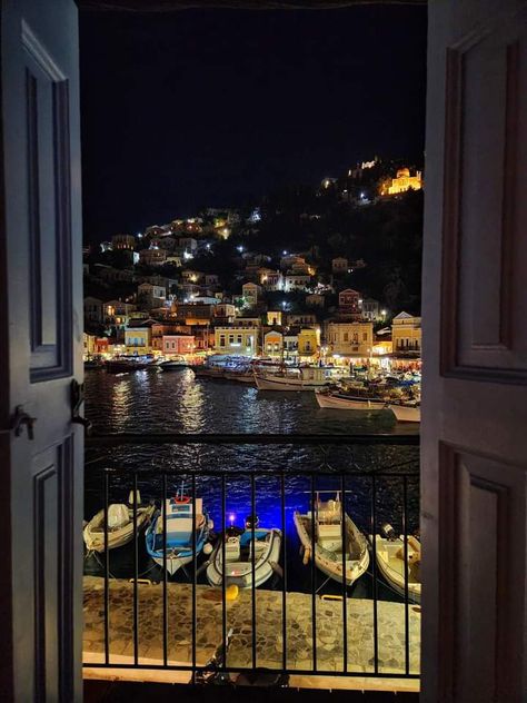 Greece View From Window, Symi Greece, View From My Window, Dodecanese Islands, Summer Window, Harbor Town, Aegean Sea, Night View, The Apartment