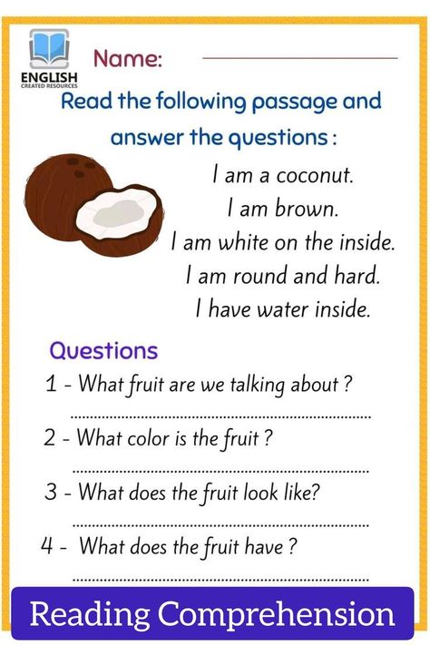 This Fruit Reading Comprehension Worksheet will help your kids build their reading comprehension skills while reading about coconuts English Reading For Beginners, Fruit Worksheet, Fruit Quiz, Free English Worksheets, Reading Comprehension For Kids, Reading Comprehension Kindergarten, Reading Comprehension Lessons, Reading For Beginners, Poetry For Kids