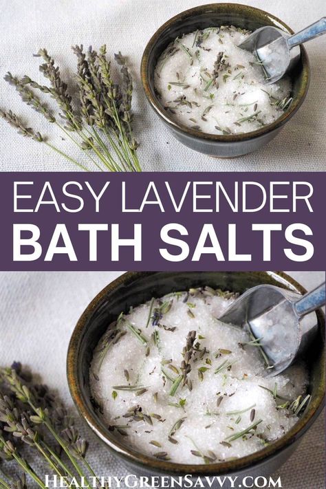 Do you love a relaxing soak in the tub? Elevate your bath with these deliciously scented lavender bath salts! This super-easy recipe uses lavender flowers and leaves harvested from the garden or purchased, or can be made instead with lavender essential oil. | homemade bath salts | easy bath salts recipe | uses for lavender | easy DIY gifts | relaxing bath salts | Salt And Lavender Recipes, Uses For Lavender, Homemade Bath Salts Recipe, Salt And Lavender, Lavender Epsom Salt, Homemade Bath Salts, Bath Salts Recipe, Lavender Leaves, Bath Salts Diy