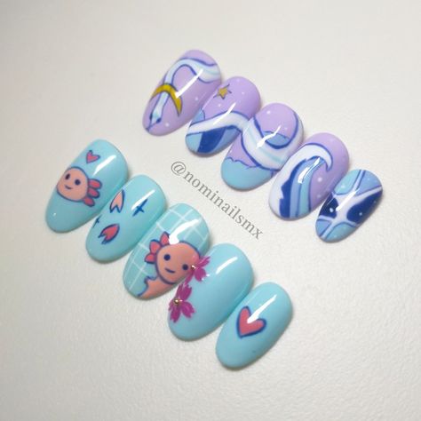 Axolotl Nails Art, Axolotl Nail Art, Axolotl Nails, Uñas Aesthetic, Animal Nails, Nail Colours, Nail Sets, Nail Idea, Ideas Nails