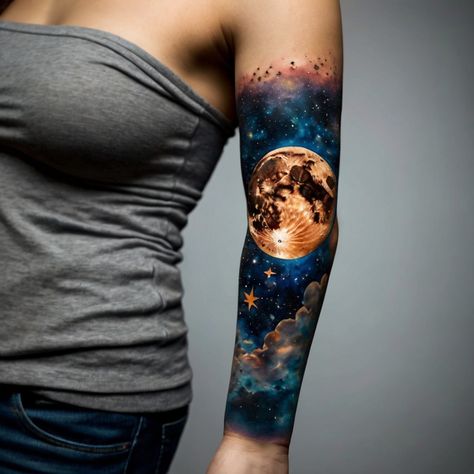 Explore the enchanting world of moon and stars tattoos on this Pinterest board! Discover a variety of designs from delicate crescent moons adorned with twinkling stars to bold celestial bodies. Perfect for those who love night-themed ink or seek a tattoo that symbolizes mystery, dreams, and the beauty of the night sky. Pin your favorites and get inspired for your next piece of body art! Night Sky Tattoo Sleeve, Night Sky Tattoo, Night Sky Tattoos, Moon And Stars Tattoo, Sky Tattoo, Sky Tattoos, Celestial Tattoo, Stars Tattoo, Moon Tattoo Designs