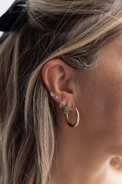 Get your greens with this emerald ear stack. Turquoise Earring Stack, Emerald Ear Curation, Emerald Ear Piercings, Green And Gold Earring Stack, Emerald Ear Stack, Ear Stack, Emerald Earrings, Threader Earrings, Emerald Jewelry