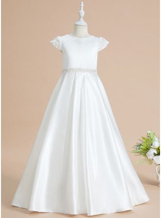 Satin Flower Girl Dress Ball Gowns, First Communion Satin Dress With Satin Bow, Elegant White First Communion Dress With Satin Bow, Tulle First Communion Dress With Satin Bow, Satin Flower Girl Dress With Pearls, Girls Fall Dresses, Flower Girl Gown, Full Gown, Girls Ball Gown