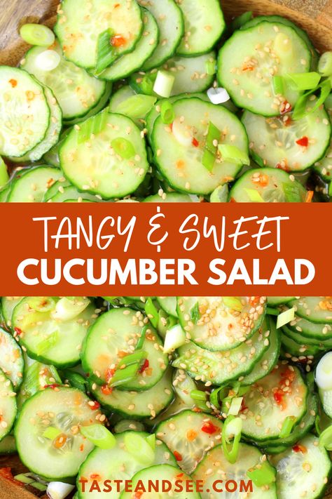 Sliced cucumbers tossed in a tangy and sweet Asian dressing. The Salad To Bring, Shrimp Cucumber Rice Bowl, Poke Cucumber Salad, Chinese Cucumber Salad Rice Vinegar, Asian Salad Cucumber, Tangy Cucumber Salad, Quick Asian Cucumber Salad, Shrimp Make Ahead Meal, Cucumber Salad Dairy Free