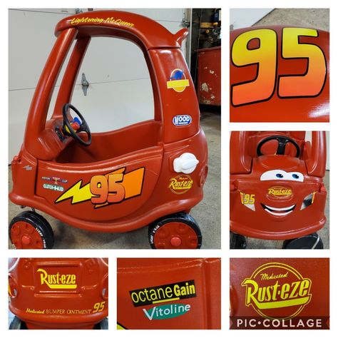 Cars Lightning McQueen Cozy Coup make-over Pixar Cars Birthday Party Diy, Lightning Mcqueen Family Costumes, Pixar Cars 1st Birthday Party Ideas, Cozy Coupe Race Car, Diy Disney Cars Costume, Disney Cars Bday Party Ideas, Pixar Cars Family Costume, Cars Costume For Kids, Lightning Mcqueen Decor