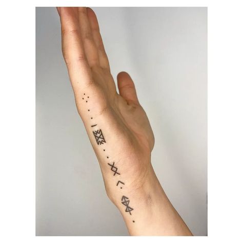 Runic Arm Tattoo, Hand Tattoos Runes, Viking Ankle Tattoo, Ruin Tattoos Viking, Feminine Rune Tattoo, Danish Symbols Tattoos, Fine Line Rune Tattoo, Small Rune Tattoos, Viking Hip Tattoos Women