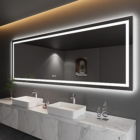 Amorho LED Bathroom Mirror 110" x 40" with Front and Backlit, Stepless Dimmable Wall Mirrors with Anti-Fog, Shatter-Proof, Memory, 3 Colors, Double LED Vanity Mirror Large Cyberpunk Luxury, Long Wall Shelf, Industrial Modern Home, Modern Sci Fi, Minimalist Futuristic, Frosted Mirror, Wall Vanity, Led Bathroom Mirror, Mirror Vanity