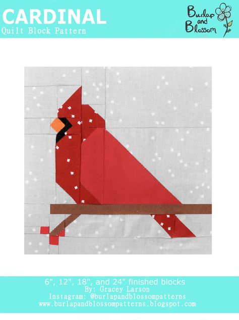 Cardinal Quilt Block Pattern Free, Bird Quilt Blocks Free Pattern, Cardinal Quilt Block Pattern, 12 Inch Quilt Block Patterns Free, Cardinal Quilt Block, Cardinal Applique, Cardinal Quilt, Vogel Quilt, Cardinal Winter