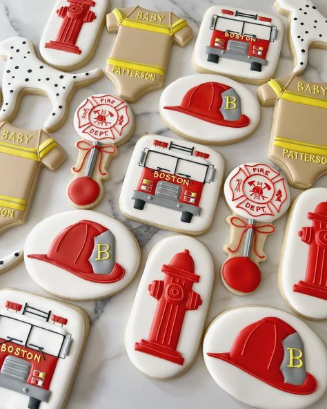 What a fun theme this was honoring the daddy-to-be’s profession as a Boston firefighter! So many fun elements to include and personalize -… | Instagram Firetruck Cupcakes Ideas, Fire Department Gender Reveal Ideas, Firefighter Cookies, Police Cookies, Firefighter Cookie, Firefighter Baby Showers, Fire Party, Baking Design, Happy Birthday Cookie