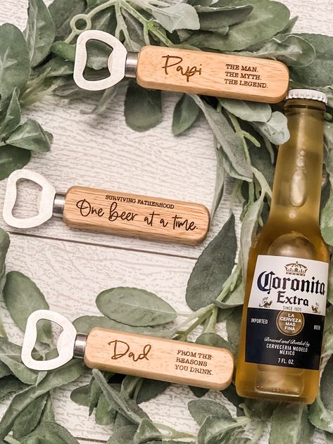 Make your gift count with our convenient wooden-handled bottle opener. Engraved with your special message, this meaningful gift will tell your story. These are laser engraved and will never peel or fade. A quirky small gift for the men in your life. This thoughtful bottle opener can be used for his favorite drink year round. In notes at checkout, please indicate title of person receiving the opener (Dad, Daddy, Papa, Papi, Abuelo, Grandpa, etc.) Engraving Designs Ideas, Bottle Opener Quotes, Glass Laser Engraving, Laser Engraved Wedding Gifts, Wood Laser Engraving Ideas, Laser Engraving Ideas Projects, Wood Engraving Ideas, Engraving Crafts, Engraved Gift Ideas