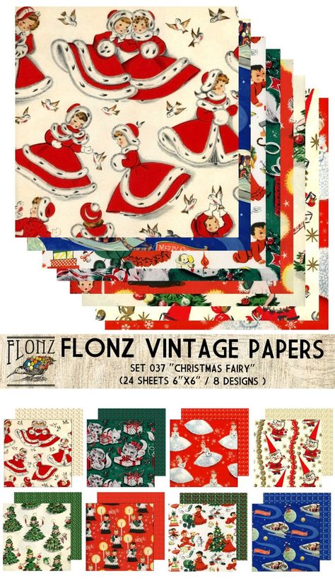 Paper Pack (24sh 6"x6") Christmas Fairy FLONZ Vintage Paper for Scrapbooking and Craft Diy Vintage Christmas Ornaments, Diy Vintage Christmas, Christmas Scrapbook Paper, Vintage Christmas Wrapping Paper, Wood Christmas Ornaments, Easy Christmas Crafts, Christmas Scrapbook, Pretty Christmas, Vintage Scrapbook