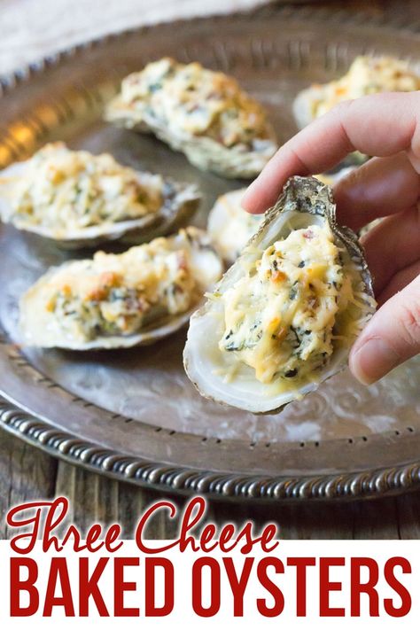 Baked Oyster Recipes, Baked Oysters, Oysters Rockefeller, Grilled Oysters, Shell Fish, Oyster Recipes, Cheese Baked, Shellfish Recipes, Three Cheese