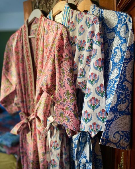 Long Sleeve Block Print Sleepwear For Home, Summer Long Sleeve Block Print Sleepwear, Printed Cotton Robe For Home, Bohemian Cotton Floral Print Robe, Block Print Kimono Robe, Cute Pajama Sets, Boho Jacket, Printed Robe, Night Suit