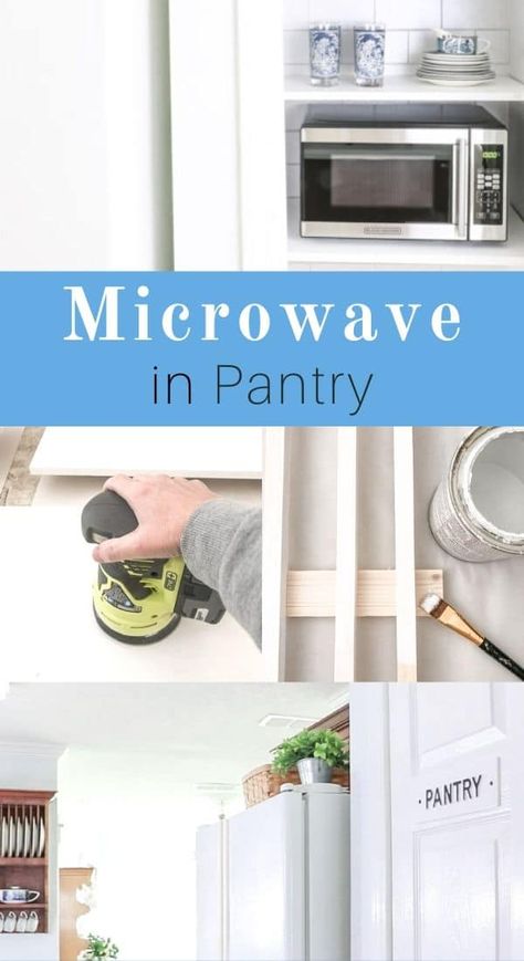 Closet Cupboards, Microwave In Pantry, Pantry Microwave, Microwave Pantry, Microwave Waves, Dish Pantry, Hidden Microwave, Microwave Shelf, Pantry Makeover