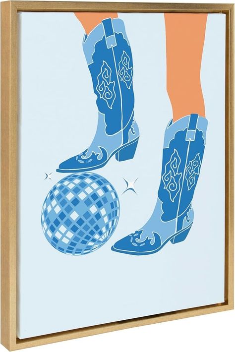 Amazon.com: Kate and Laurel Sylvie Disco Cowgirl Blue Framed Canvas Wall Art by Honey Island Studio, 18x24 Bright Gold, Cowgirl Boots Art for Wall: Posters & Prints Gold Cowgirl Boots, Cowgirl Boots Art, Studio Bright, Boots Art, Art For Wall, Disco Cowgirl, Eclectic Art, Wall Posters, Bright Gold