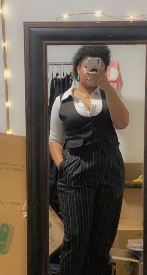 pinstripe dress pants, white collared blouse, black vest Dress Pants And Button Up Women, Black Striped Dress Pants Outfit, How To Style Pinstripe Pants, Striped Pants Outfit Work, Pinstripe Vest Outfit, Prom Outfits For Tomboys, Black Pinstripe Pants Outfit, Stripe Vest Outfit, Nonbinary Prom Outfit