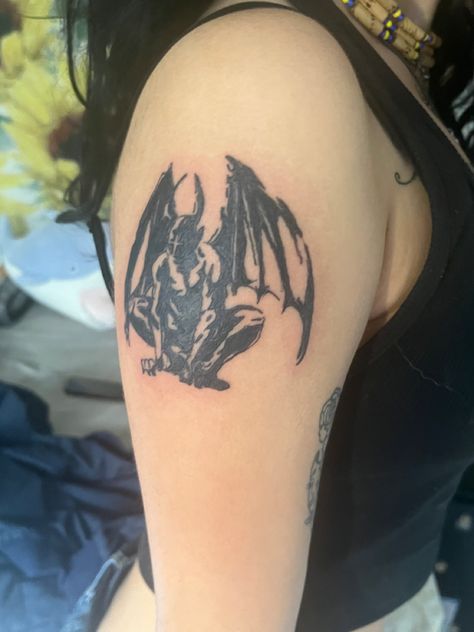 Gothic Inspired Tattoos, Dracula Bat Tattoo, Gargoyle Back Tattoo, Bat Underbust Tattoo, Jersey Devil Tattoo, Gothic Matching Tattoos, Blacked Out Tattoo, Bat Tramp Stamp, Gargoyle Tattoo For Women