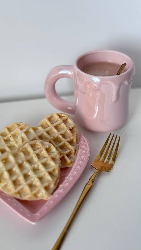 Breakfast Esthetic, Pink Waffles, Coffee Waffles, Korean Sweets, Food Captions, Pink Tumblr Aesthetic, Think Food, Coffee Packaging, Cup Coffee